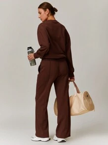 MASKERT Áo nỉ cổ tròn cho nữ, Áo nỉ thể thao dài tay thường ngày, Áo nỉ dài tay mềm mại, Bộ đồ thể dục - Cà phê nâu - Xem 8