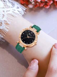 5pcs/Set Women's Green Pu Leather Strap Simple Quartz Watch With Rhinestone And Round Dial Pattern Design, Including Necklace, Ring, Earrings, Suitable For Daily Wear, Decoration, Festival Gift - Green - View 4