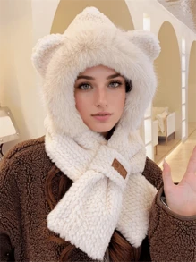 1set Women's Plush Bear Hat & Scarf Combo, Thicken Fleece Warm Earflap Hat For Winter