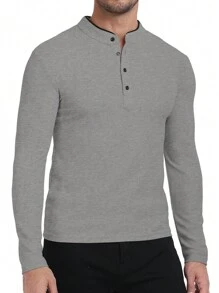 Men's Classic  Heavy Waffle Casual Slim Fit Long Sleeve Stylish Polo Top - 灰色 - 查看 2