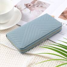 Túi xách nữ da trơn kẻ sọc khóa kéo đơn giản lót PU khóa kéo kim loại Ví cầm tay nữ Quà tặng sinh nhật Giáng sinh Quà tặng Lễ Tạ ơn cho phụ nữ Ví Ví dài - Màu xanh nhạt - Xem 10