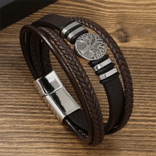 1 pièce Bracelet en PU à fermoir magnétique créatif, bracelet tressé avec charm métal Arbre de Vie, bracelet multifonctions pour hommes, cadeau pour la Fête des Pères