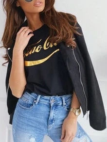 女士拉链纽扣装饰休闲修身短款立领拉链夹克，绒面绒短外套，黑色冬季款 - 黑色 - 查看 5