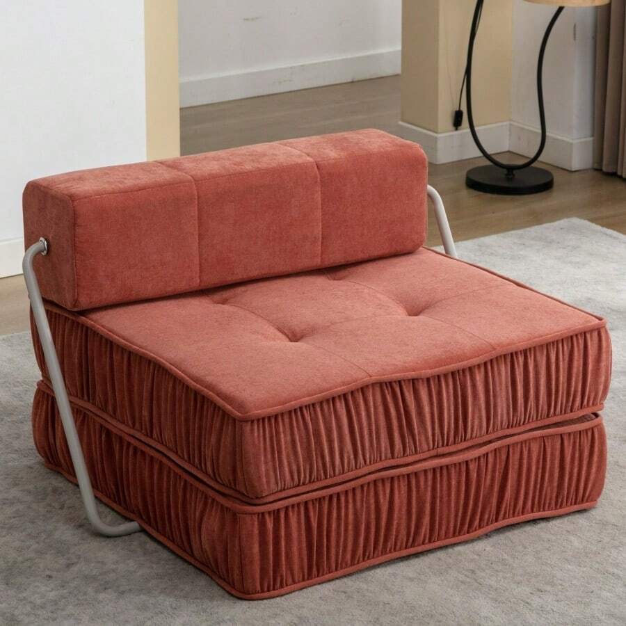 Folding Sofa Bed, Futon Sleeper Chair, Convertible Chair Floor Couch And Sleeping Mattress For Living Room, Guest Room, Home Office, Apartment, Small Space, Bed, Removable Back Cushion, Orange, 1 Seat - Orange + Chenille + Foam + 1 Seat as Pic - View 1