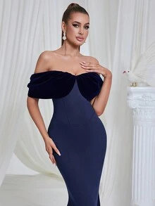 Women's Fitted Off-Shoulder Mermaid Hem Elegant Dress - Navy Blue - View 8