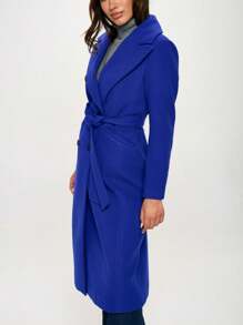 Women's Casual Coat Delicate  Double-Breasted Longline Coat With Belt Royal Blue Outerwear Belted Waist Long Sleeves Notched Lapel Collar Knee-Length Warm Wool-Blend Fabric Perfect For Spring/Fall/Winter Elegant Outerwear And Formal Occasions - Royal Blue - View 2