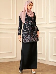 2pcs Women Embroidered Sequins Elegant Dress Set - Black - View 3