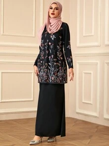 2pcs Women Embroidered Sequins Elegant Dress Set - Black - View 4