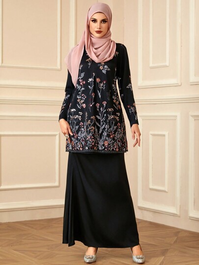 2pcs Women Embroidered Sequins Elegant Dress Set