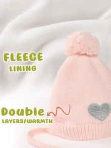 1 件装婴儿无檐帽刺绣爱心护耳帽新生儿女孩保暖针织无檐帽带双层厚实保暖衬里 - 粉紅帽 - 查看 3