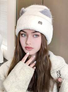 1 件女士针织无檐便帽，带可爱耳朵，冬季和滑雪情人节的温暖头饰 - 彩色 - 查看 25