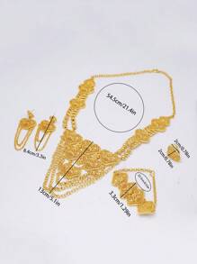 1 Set (2 piezas de aretes, 1 pieza de anillo, 1 pieza de brazalete, 1 pieza de collar) de aleación de cobre bañado en oro de 24K con diseño exagerado de estilo nupcial de Medio Oriente y Dubai para mujeres