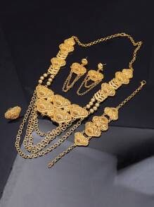 1 Set (2 piezas de aretes, 1 pieza de anillo, 1 pieza de brazalete, 1 pieza de collar) de aleación de cobre bañado en oro de 24K con diseño exagerado de estilo nupcial de Medio Oriente y Dubai para mujeres