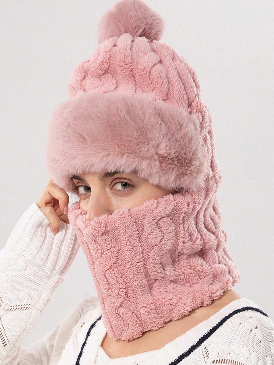 1 件秋冬帽子和围巾套装，新款保暖毛绒纯色围脖围巾带绒球，防风口罩无檐便帽 - 黑色 - 查看 1