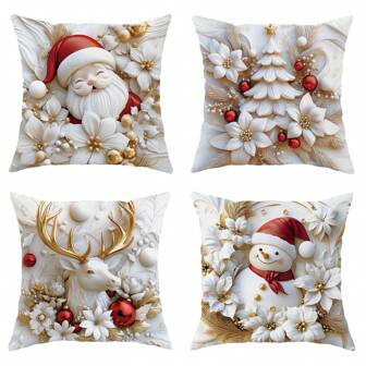 4pcs Christmas Tree Santa Claus Snowman Deer Poinsettia Floral Velvet Throw Pillow Covers 3d Cute Red Gold Cosy Soft Decorative Pillowcases One Sided Printing For Xmas Winter Living Room Bedroom Sofa Bed Decor Without Pillow Inserts