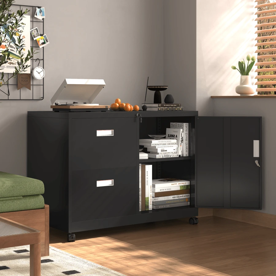 Metal Office Cabinet With 2 Drawers And Adjustable Shelves, Mobile Lateral Filing Cabinet With Lock - Đen + Kim loại như hình - Xem 1