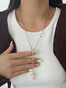 1pc Unique Cross Pendant Long Chain Necklace, Suitable For Party, Daily Wear And Gift, Sweater Chain, Versatile - Yellow Gold - View 2