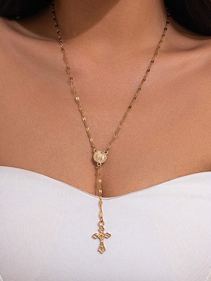 1pc Unique Cross Pendant Long Chain Necklace, Suitable For Party, Daily Wear And Gift, Sweater Chain, Versatile - Yellow Gold - View 1