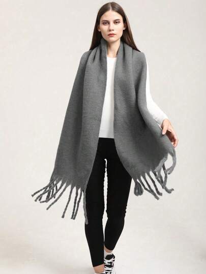 1 件女士毛绒流苏围巾温暖舒适披肩，防风保暖，适合户外活动，简约百搭日常穿着，秋冬配饰女士