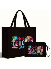 1 件/2 件教师感谢礼品套装 - 大容量时尚手提包，印有“教师”字样，黑色亚麻零钱包，化妆包，带衬里，无封口 - 非常适合教育工作者和学校工作人员，教师感谢礼物，时尚休闲配饰，适合外出、度假、日常通勤 - 黑色 - 查看 6