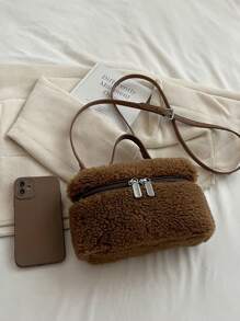 Women's Soft Fluffy Crossbody Bag Fluffy Top Handle Shoulder Bag Fall Winter Handbag Small Plush Furry Bucket Purse