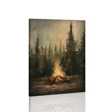 1 件，帆布挂画，乡村篝火画，喜怒无常的松树海报印刷品，露营主题墙艺术，小屋墙壁装饰，复古森林绘画，深色墙壁艺术