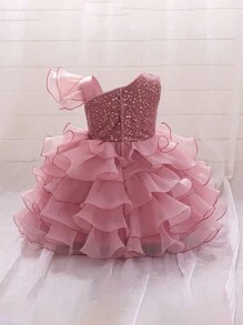 Sequin Multi-Layer Tulle Pageant Gown, Suitable For Party, Flower Girl, Wedding, Without Headband - Dusty Pink - View 2