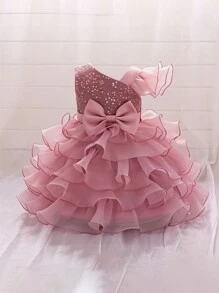 Sequin Multi-Layer Tulle Pageant Gown, Suitable For Party, Flower Girl, Wedding, Without Headband - Dusty Pink - View 4