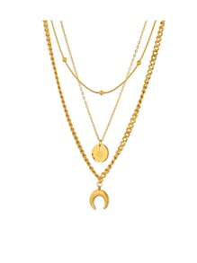 1pc Gold Plated Multilayered Pendant Necklace With Metal Disc & Moon Charm, Chic Street Style Unisex Casual Jewelry For Couples