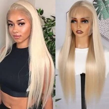 13X6 Free Part Platinum Blonde Lace Front Wigs 28 Inch Pre Plucked Long Straight Hair Wigs Glueless Soft Ash Blonde Colored Wigs Heat Resistant Fiber Hair Synthetic Lace Front Wigs For Women For Daily Christmas Party Cosplay Use - 金色 - 查看 4
