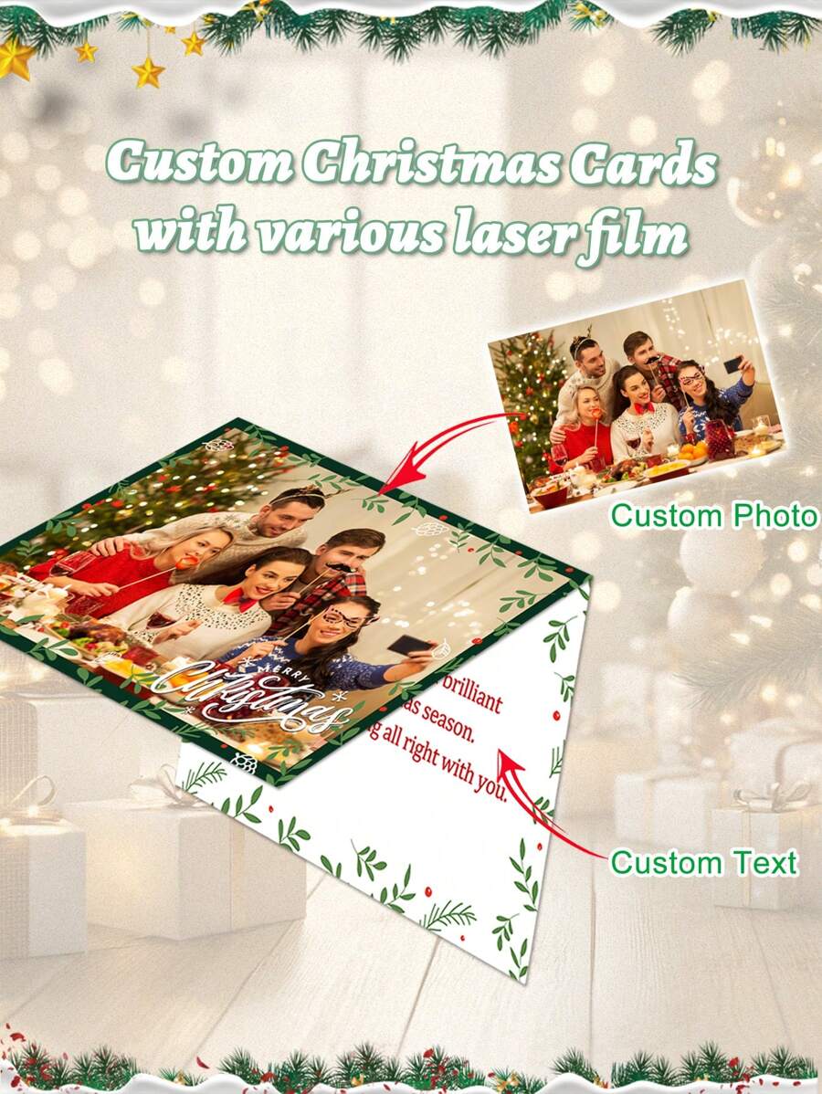 1 张定制照片和文字圣诞贺卡，可选各种激光膜，17.8 厘米 X 12.7 厘米（5 英寸 X 7 英寸），精美礼品，个性化定制圣诞贺卡，适合送给家人、朋友的生日卡，家庭和谐 - 彩色 - 查看 1