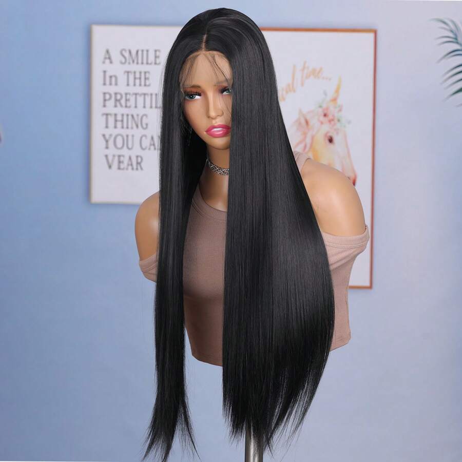Black Color 13X4X1 Lace Part Synthetic Wigs For Black Women Preplucked