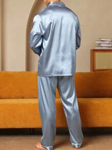 Men's Autumn/Winter Ribbed Collar Single-Breasted Long Sleeve Top And Pants Casual Pajamas Set, Fall Clothes