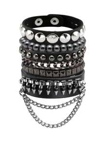 Xiacheng 朋克皮革袖口手镯男女款 80 年代复古赤铁矿摇滚尖刺金属袖口腕带套装可调节男女款 - 黑色 - 查看 1