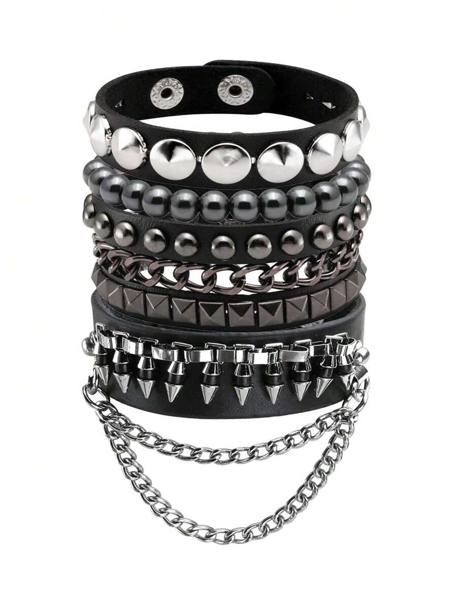 Xiacheng 朋克皮革袖口手镯男女款 80 年代复古赤铁矿摇滚尖刺金属袖口腕带套装可调节男女款 - 黑色 - 查看 1