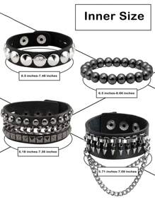 Xiacheng 朋克皮革袖口手镯男女款 80 年代复古赤铁矿摇滚尖刺金属袖口腕带套装可调节男女款 - 黑色 - 查看 3