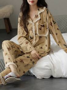 2 件女式新款睡衣家居服春秋冬长袖长裤两件套 V 领流苏复古套头衫套装家居服两件套秋装 - 駝色 - 查看 5