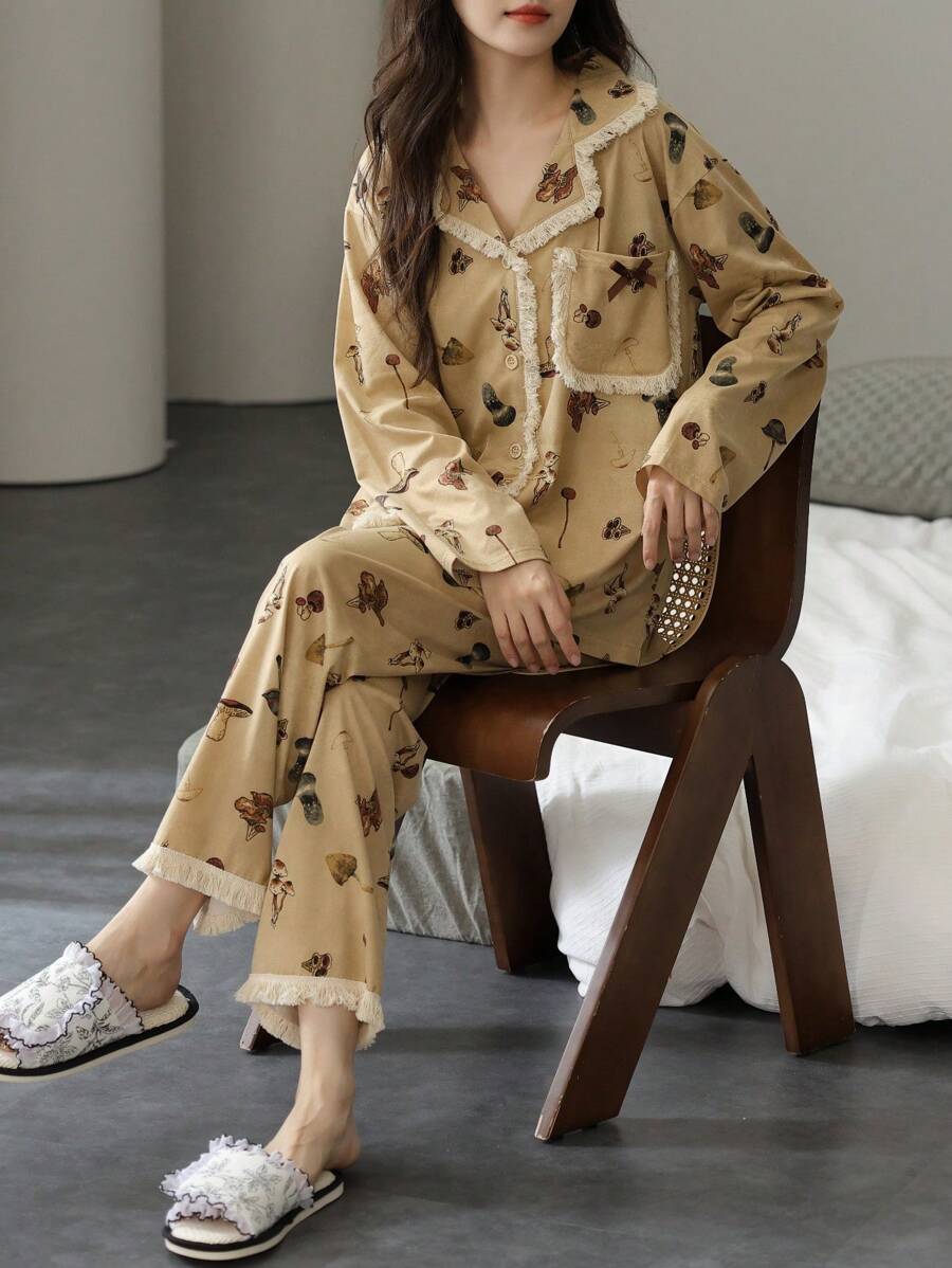 2 件女式新款睡衣家居服春秋冬长袖长裤两件套 V 领流苏复古套头衫套装家居服两件套秋装 - 駝色 - 查看 1
