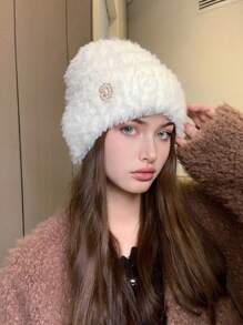 1pc Women Striped Knit Beanie Hat With G Metal Logo, Warm Thick Ear Protection Winter Hat, Cute Casual Elegant Retro Streetwear Fashion Versatile Ski Outdoor Travel Party Daily Use,Summer,Beach,Holiday,Festival - R Mark - View 6