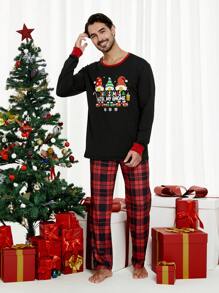 2pcs Men's Christmas Family Matching Pajama Set, Santa Claus Check Print Long Sleeve Top & Long Pants, Cozy Holiday Sleepwear, Fall Winter Clothes - Black - View 4
