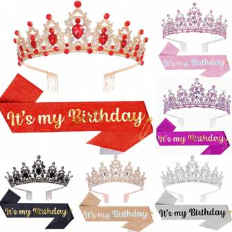 2 stuks/set verjaardagssjerplint 'It's My Birthday' kroon tiara strass verjaardag hoofdbanden verjaardagssjerp met speld Happy Birthday kroon en sjerplint voor verjaardagsfeestje baldecoratie bruids tiara