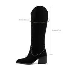 Black Suede Knee High Boots Cowboy Boots For Women Cowgirl Boots Tall Fall Motorcycle Riding Side Zipper Pointed Toe Party Travel Casual Rivets Fashion Long Boots Outdoor Footwear Winter Chunky Shoes Lady - 黑色 - 查看 3