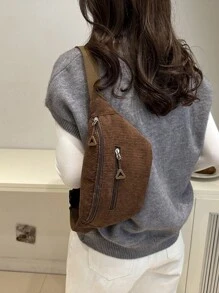 1 件简约纯色灯芯绒胸包/腰包，休闲，方便拉链迷你钱包适合女性日常通勤 - 棕色 - 查看 3