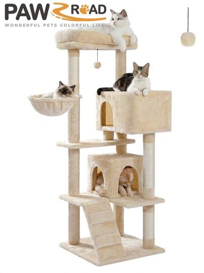 PAWZ Road Árbol para gatos grandes con plataforma superior supergrande, torre [56,3"=143 cm] para gatos de interior con hamaca y saco de dormir, estantes para gatos con rascadores y 2 casas