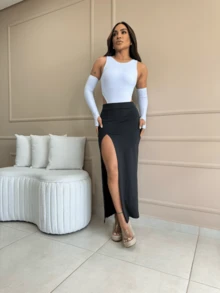 Women's Long Skirt With Side Slit Suplex Fabric Fitted To The Body Versatile Style Comfortable For Casual Use Or Parties Fashion Elegant Chic Summer And Spring Blogger Style Inspiration Pinterest - màu đen - Xem 5