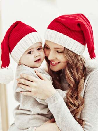 圣诞帽 家庭配套圣诞针织帽 亲子绒球无檐便帽 冬季保暖钩针帽 适合家庭圣诞派对 红色白色