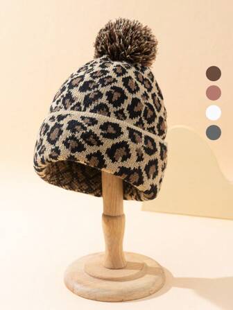 1pc Women's Jacquard Leopard Print Fuzzy Ball Soft Warm Stylish Casual Knit Beanie, Suitable For Daily Street Photography Matching Winter Fall