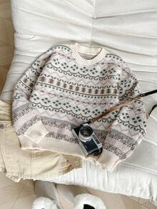 FOR BEAUTY 复古圆领费尔岛提花长袖针织毛衣，女士宽松休闲套头衫，新年 - 杏色 - 查看 9