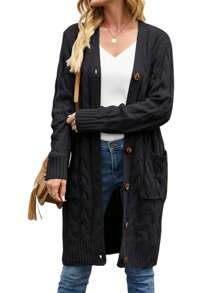 Female Cardigan, Solid Color Long Sleeve Sweater Knitted Coat With Pockets For Spring Fall, S/M/L - Negro - Ver 2