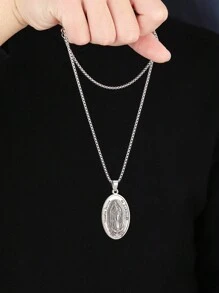 1 Stück Neuer Europäischer & Amerikanischer Legierung Jungfrau Maria Anhänger Halskette, maskulin & elegant ovale Jungfrau Maria Edelstahl Pullover Kette, Unisex Religiöses Geschenk Großhandel für den täglichen Gebrauch
